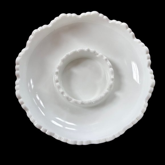 Vintage Fenton Glass Ashtray MCM White Scalloped Chip and Dip Bowl Hobnail Vtg - Picture 9 of 12
